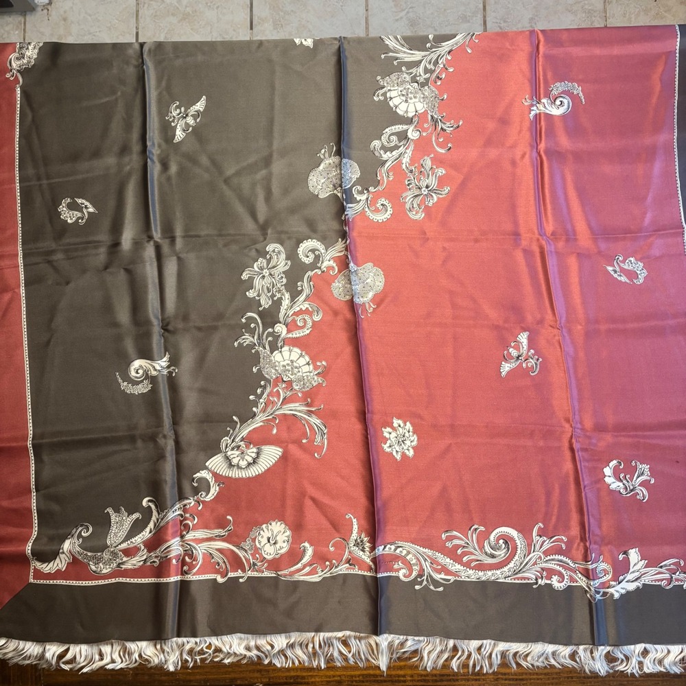 Vintage Large Silk Scarf Shawl Maroon Brown Baroque Paisley Fringed 1970s